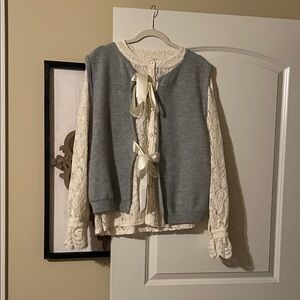 SHEIN Gray and Cream Cardigan with Ribbon Details